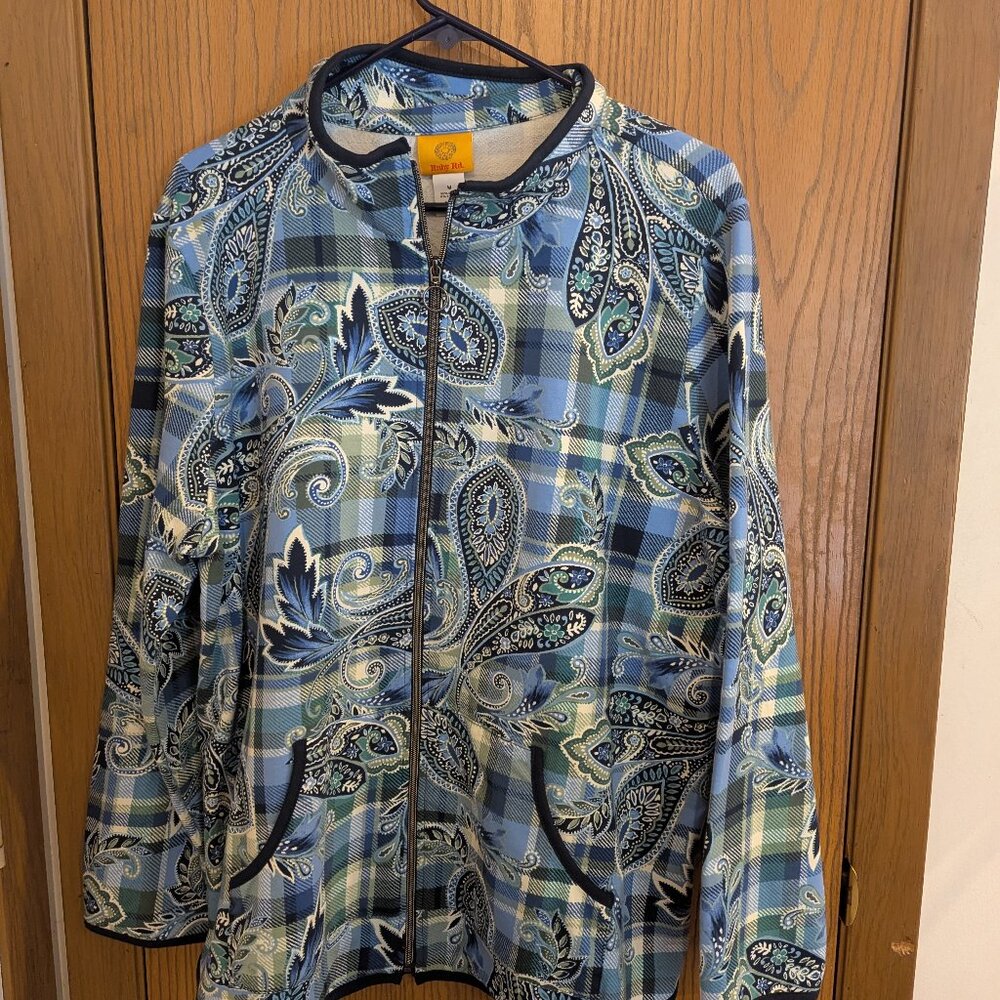 NWT Ruby Rd. Long Sleeve Collar Paisley Zip Light Weight Jacket Shirt Blue-M